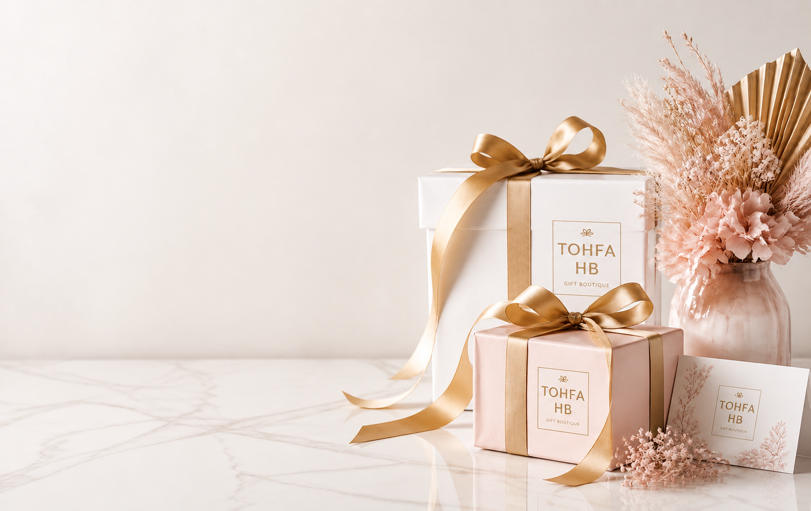 Luxury gift boxes wrapped with gold ribbon in our atelier